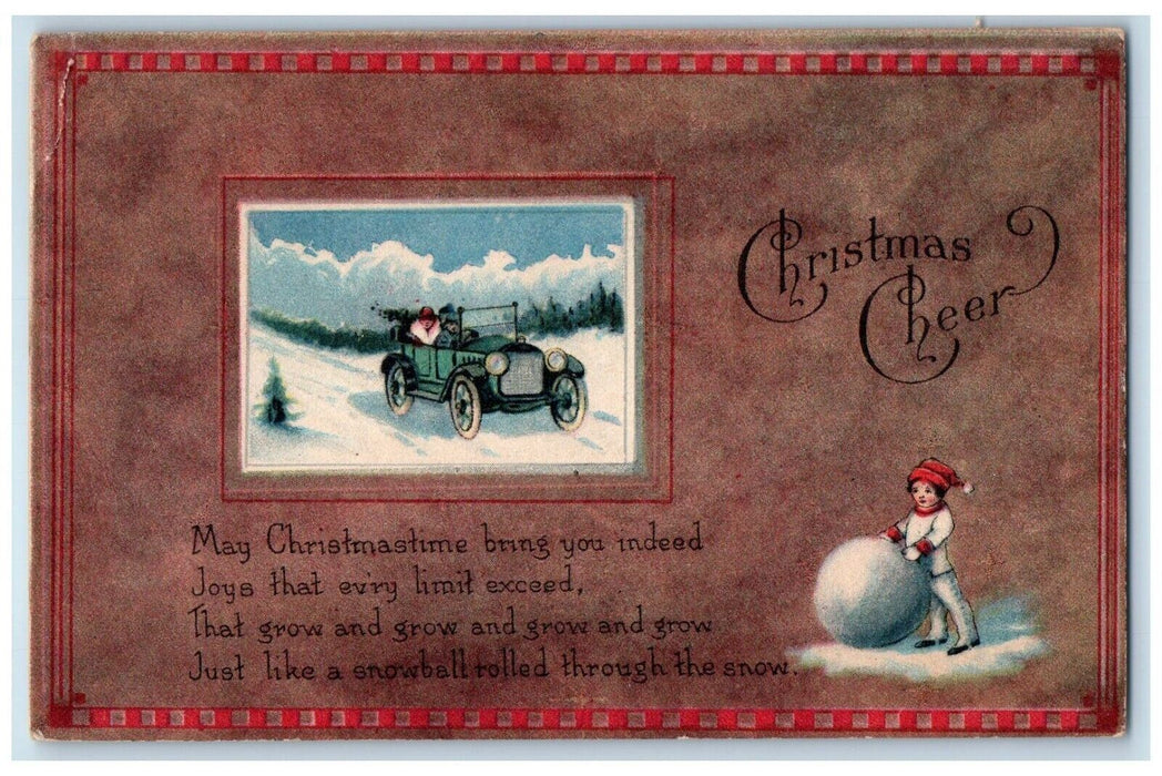 1919 Christmas Car In Winter Boy Snowball Vinalhaven Maine ME Antique Postcard