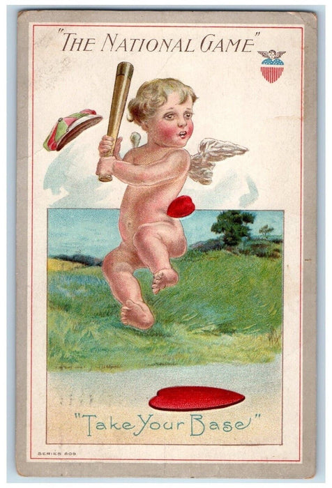 1912 Valentine Angel Baseball Bat Take Your Base Fortress Monroe VA Postcard