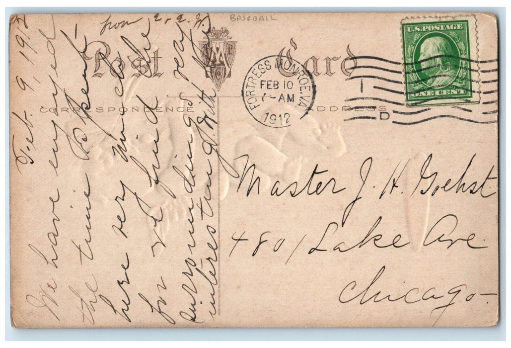 1912 Valentine Angel Baseball Bat Take Your Base Fortress Monroe VA Postcard
