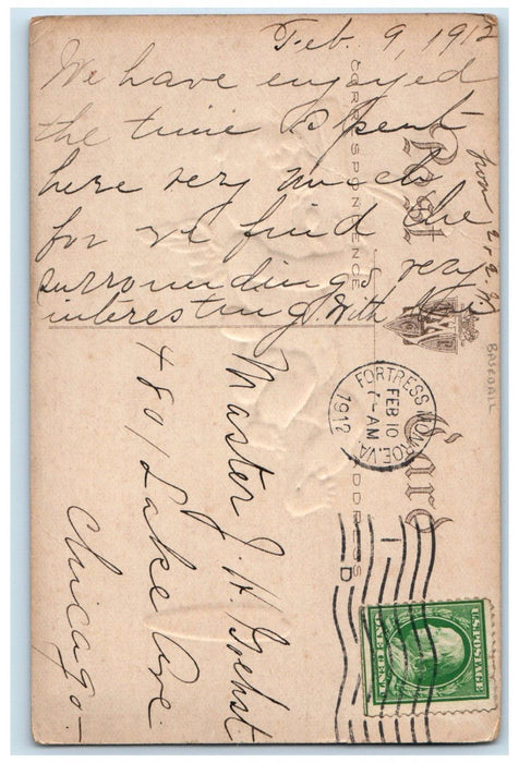 1912 Valentine Angel Baseball Bat Take Your Base Fortress Monroe VA Postcard