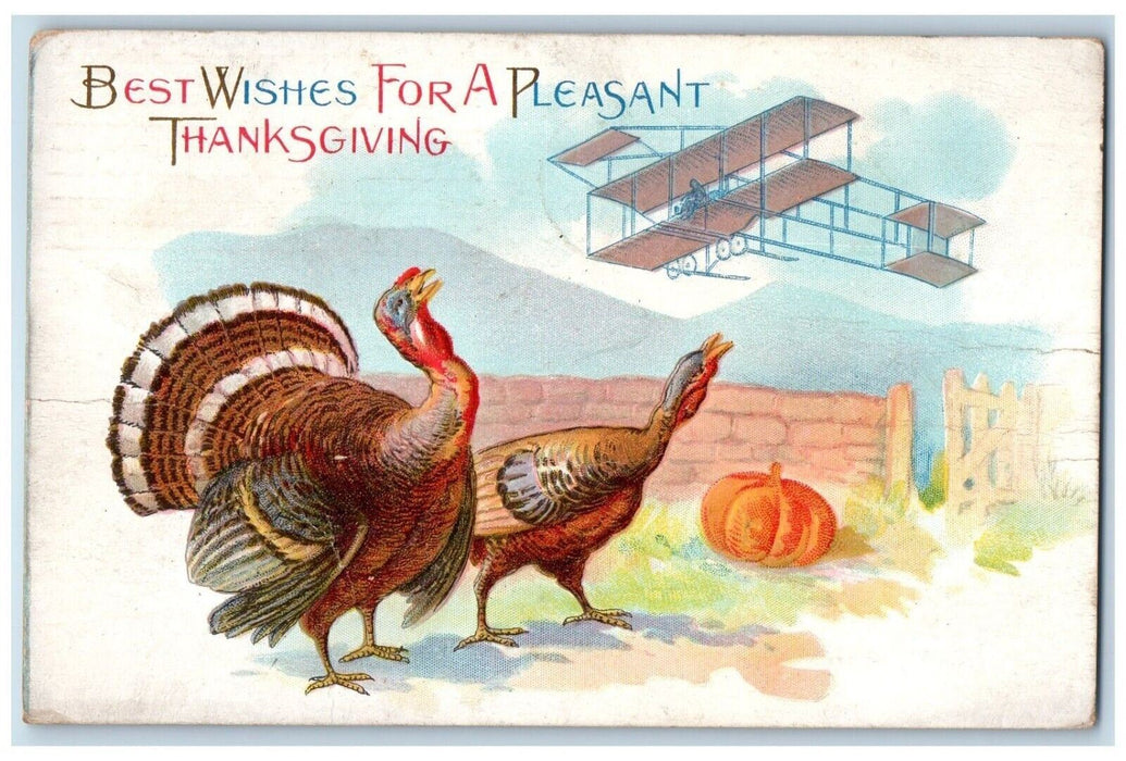 1911 Thanksgiving Turkey Airplane Pumpkin Embossed Chicago Illinois IL Postcard