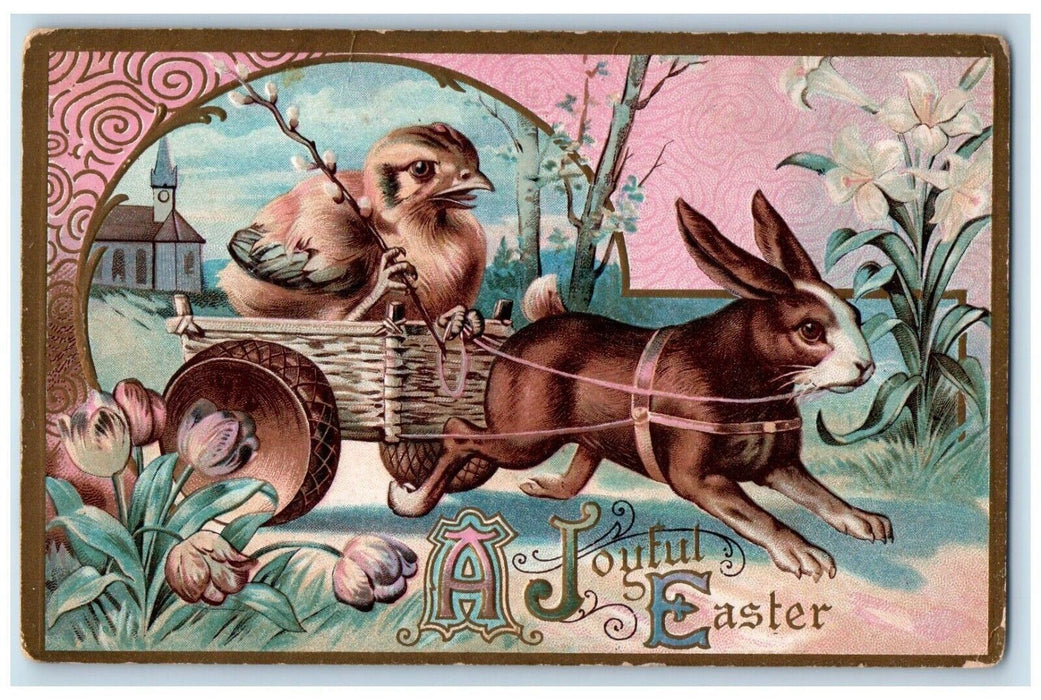 1911 Easter Rabbit Pulling Cart Chick Pipe Berry Flowers Chicago IL Postcard