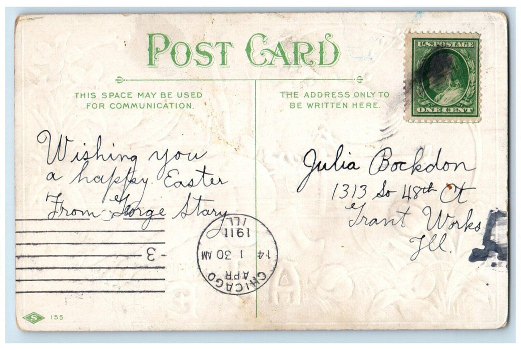 1911 Easter Rabbit Pulling Cart Chick Pipe Berry Flowers Chicago IL Postcard