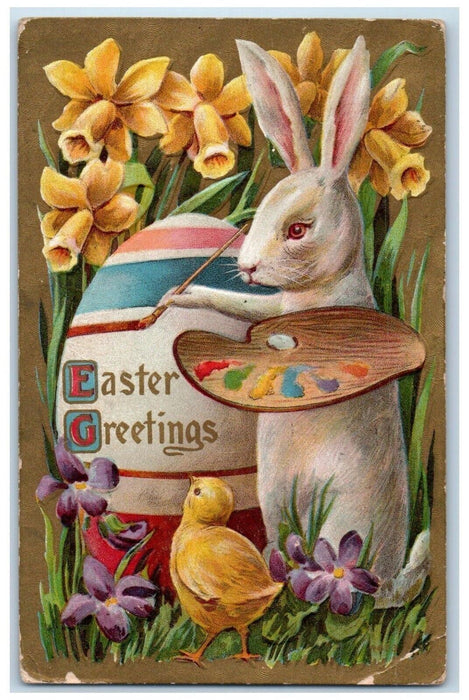 1911 Easter Greetings Anthropomorphic Rabbit Painting Chick Flowers Postcard