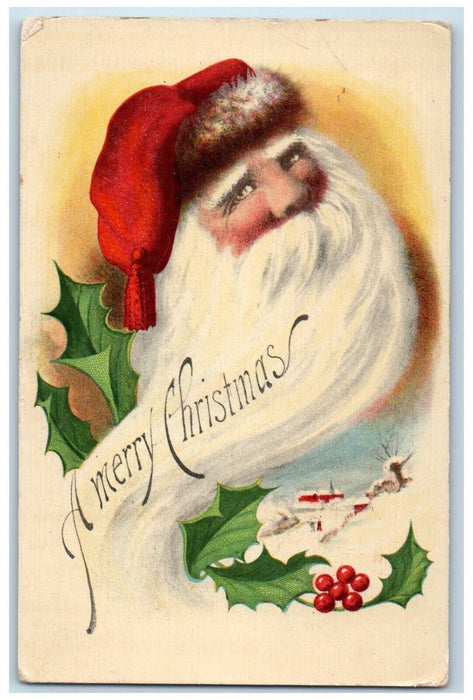 c1910's Merry Christmas Santa Claus Holly Berries Posted Antique Postcard