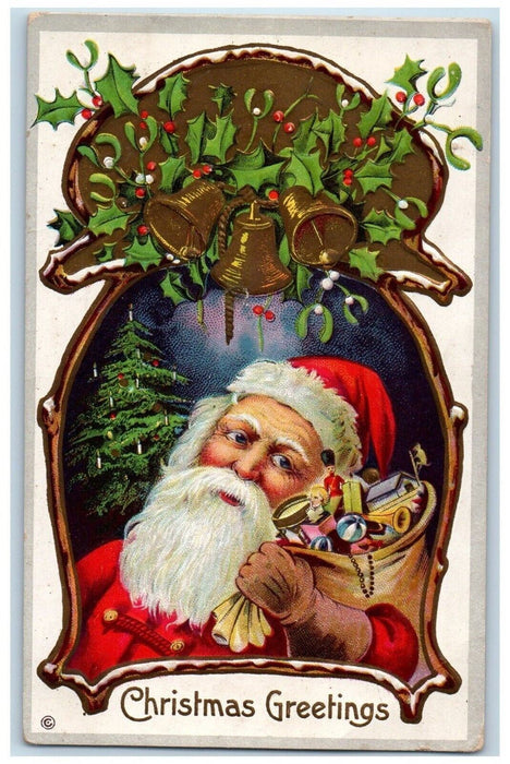 c1910's Christmas Greetings Santa Claus Toys Under Bells And Berries Postcard