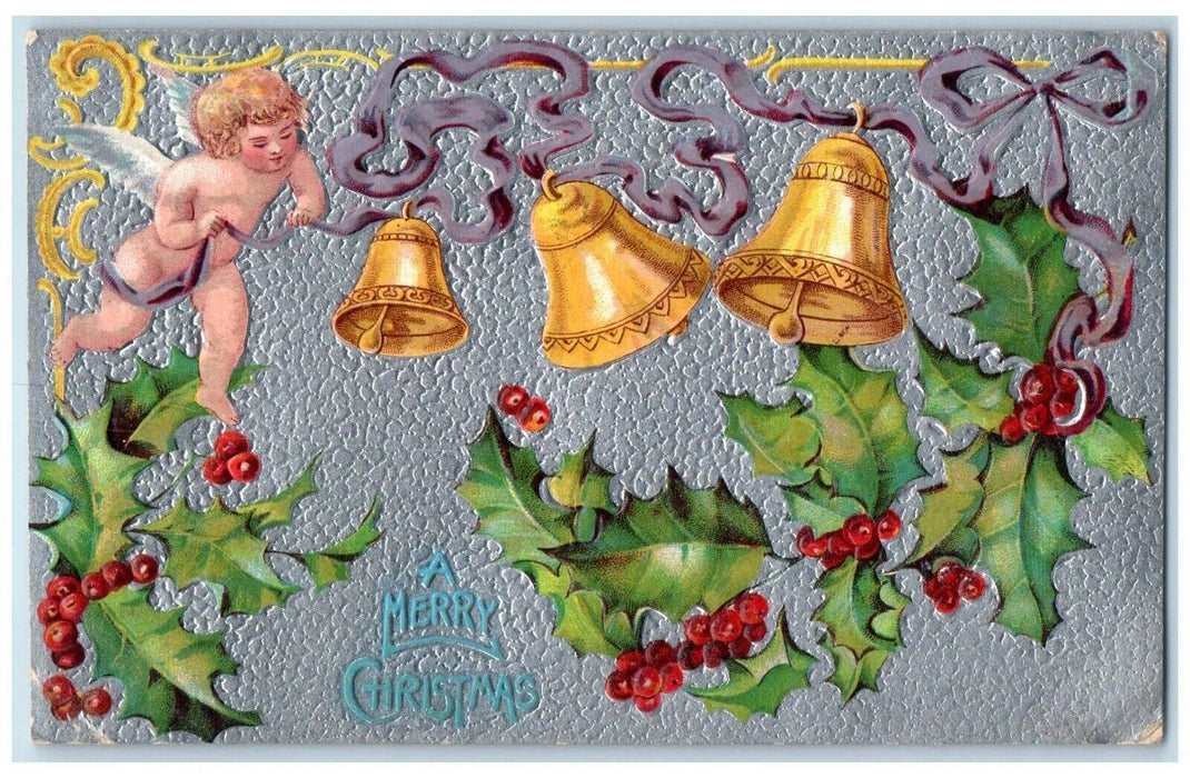 1909 Christmas Angel Ringing Bells Holly Berries Embossed Antique Postcard