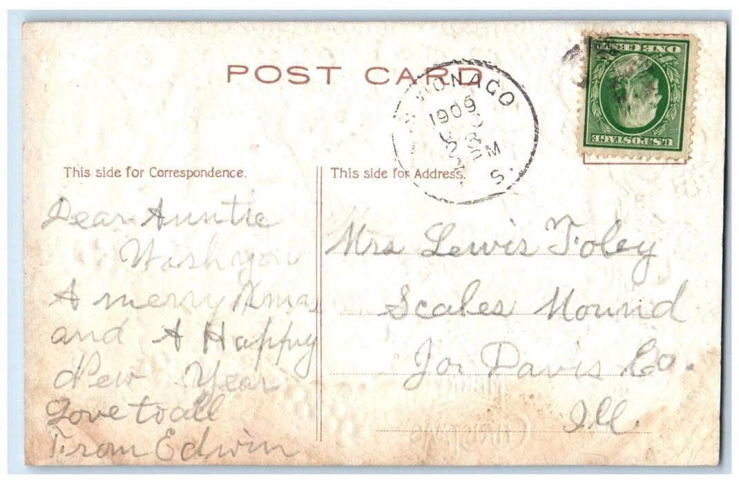 1909 Christmas Angel Ringing Bells Holly Berries Embossed Antique Postcard