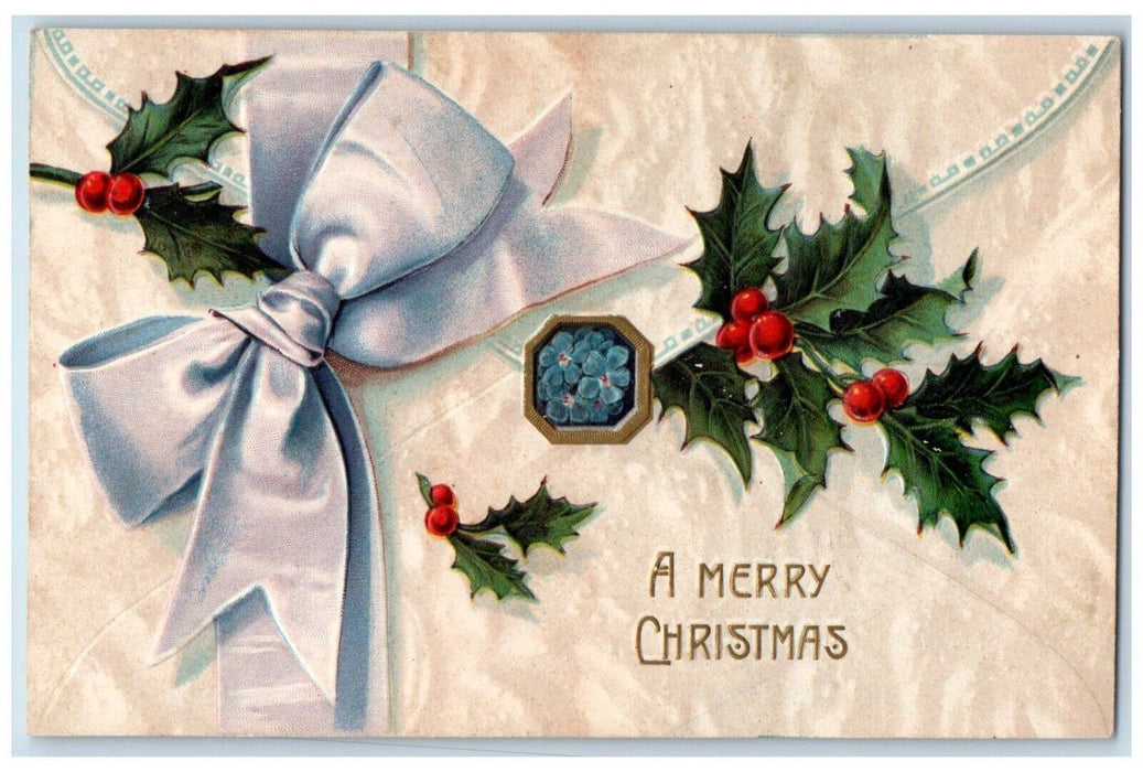 c1910's Merry Christmas Ribbon Holly Berries Flowers Embossed Antique Postcard