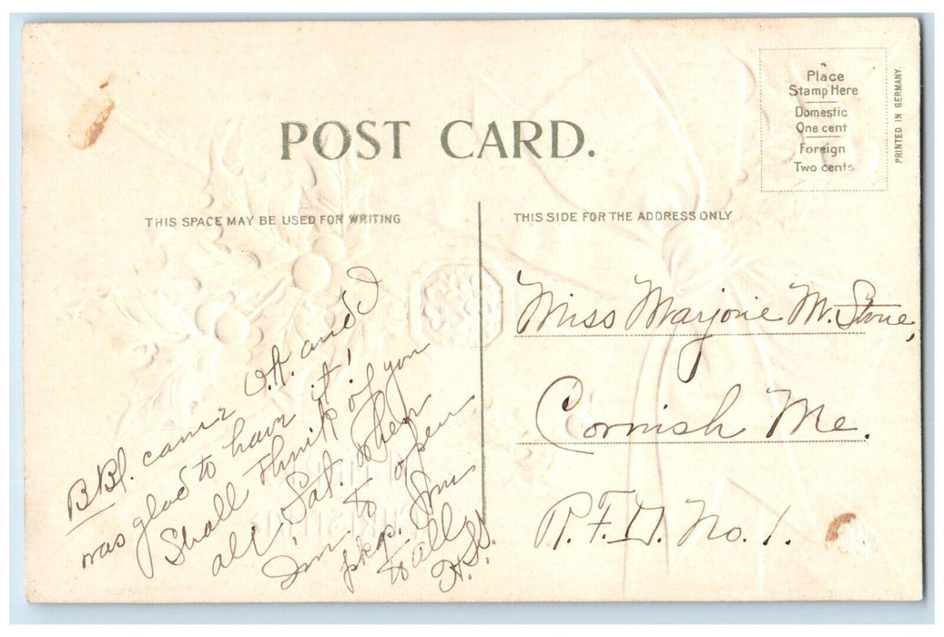 c1910's Merry Christmas Ribbon Holly Berries Flowers Embossed Antique Postcard