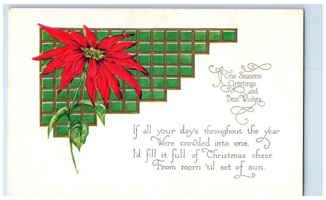 c1910's Christmas Greetings Poinsettia Flowers Embossed Antique Postcard