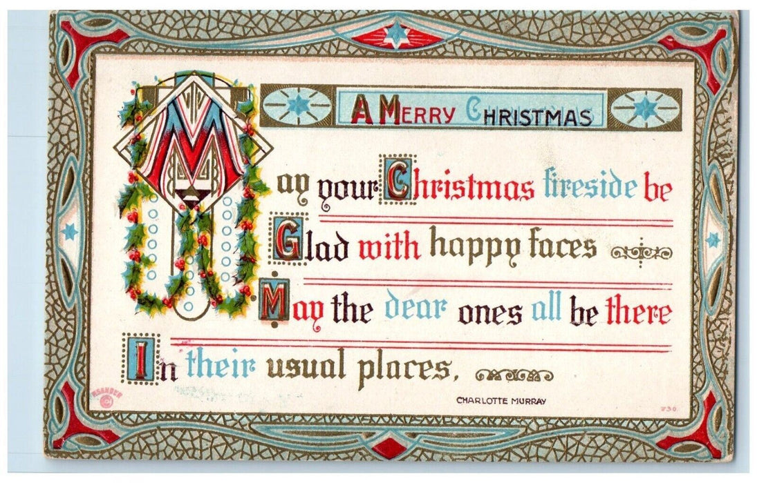 c1910's Christmas Message Holly Berries Charlotte Murray Embossed Postcard