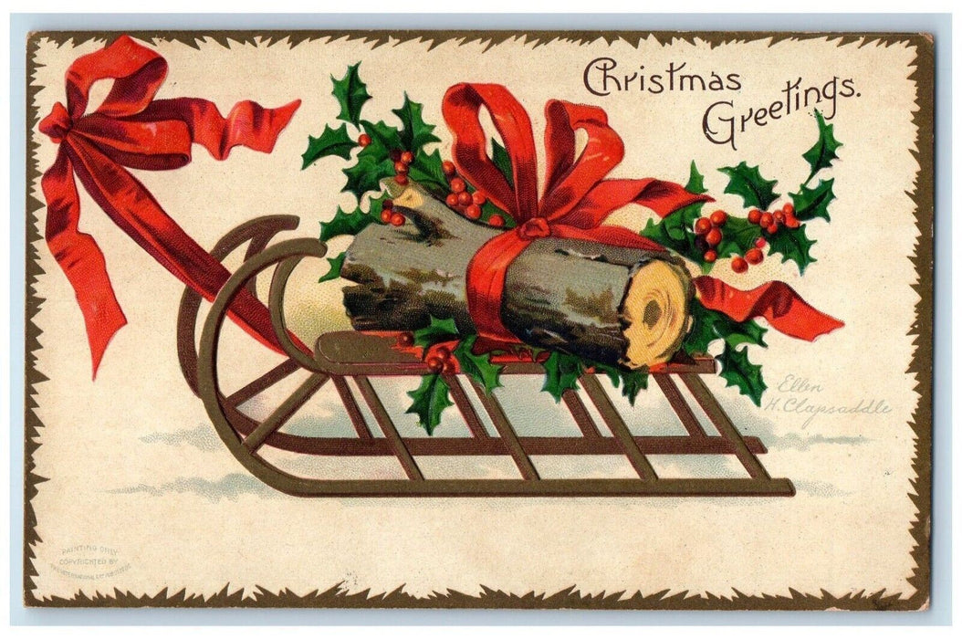 1907 Christmas Greetings Log Cart And Berries Ellen Clapsaddle Embossed Postcard