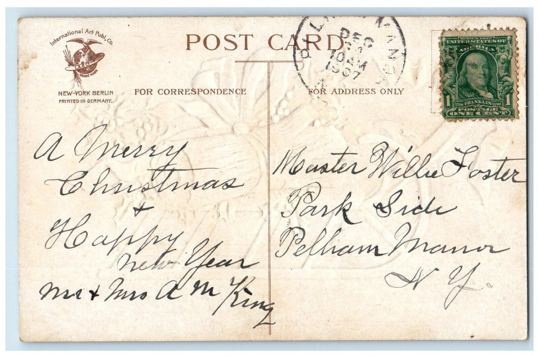 1907 Christmas Greetings Log Cart And Berries Ellen Clapsaddle Embossed Postcard