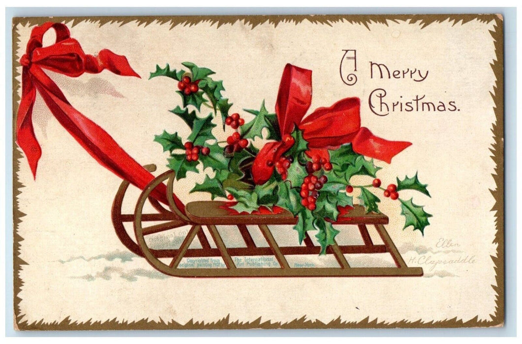1908 Merry Christmas Cart Holly Berries Ellen Clapsaddle Kewanee IL Postcard