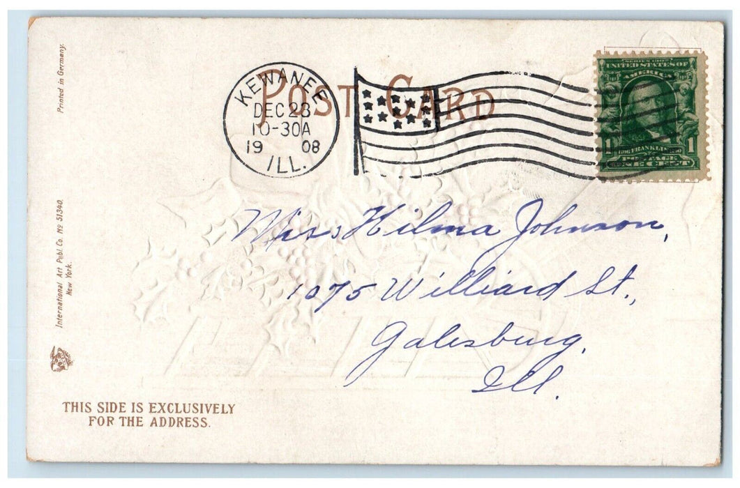 1908 Merry Christmas Cart Holly Berries Ellen Clapsaddle Kewanee IL Postcard