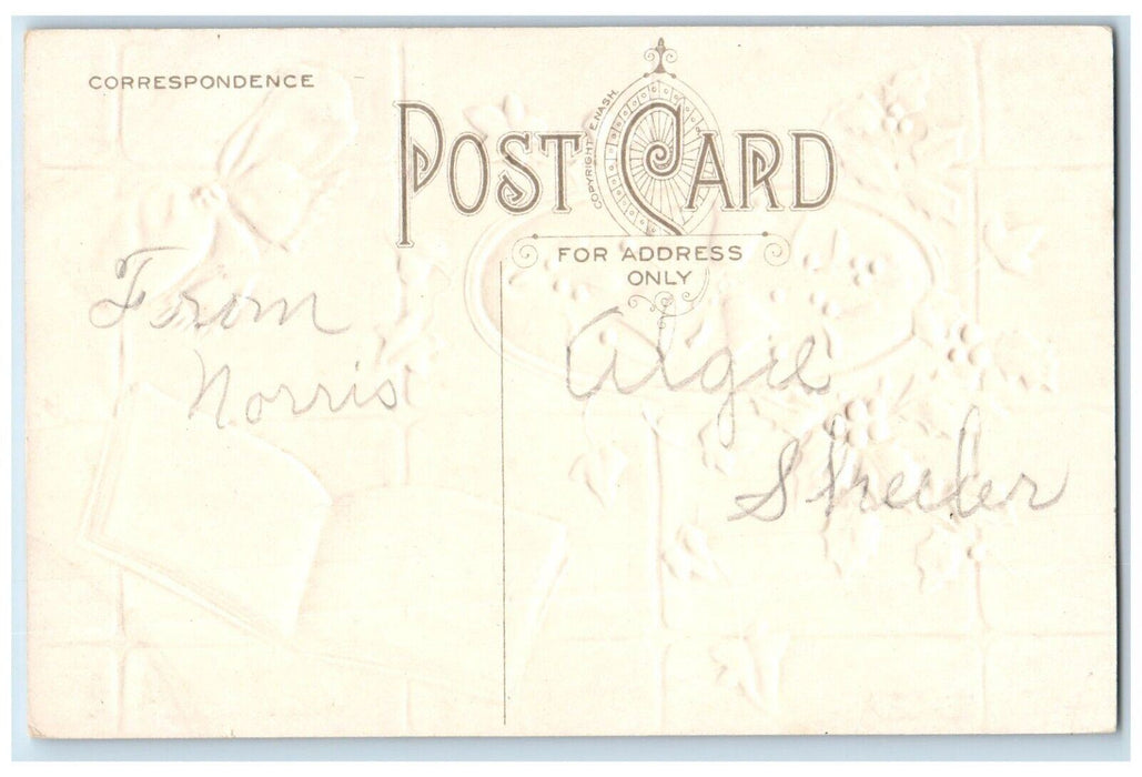 c1910's Jolly Christmas Holly Berries Mistletoe Ringing Bells Embossed Postcard