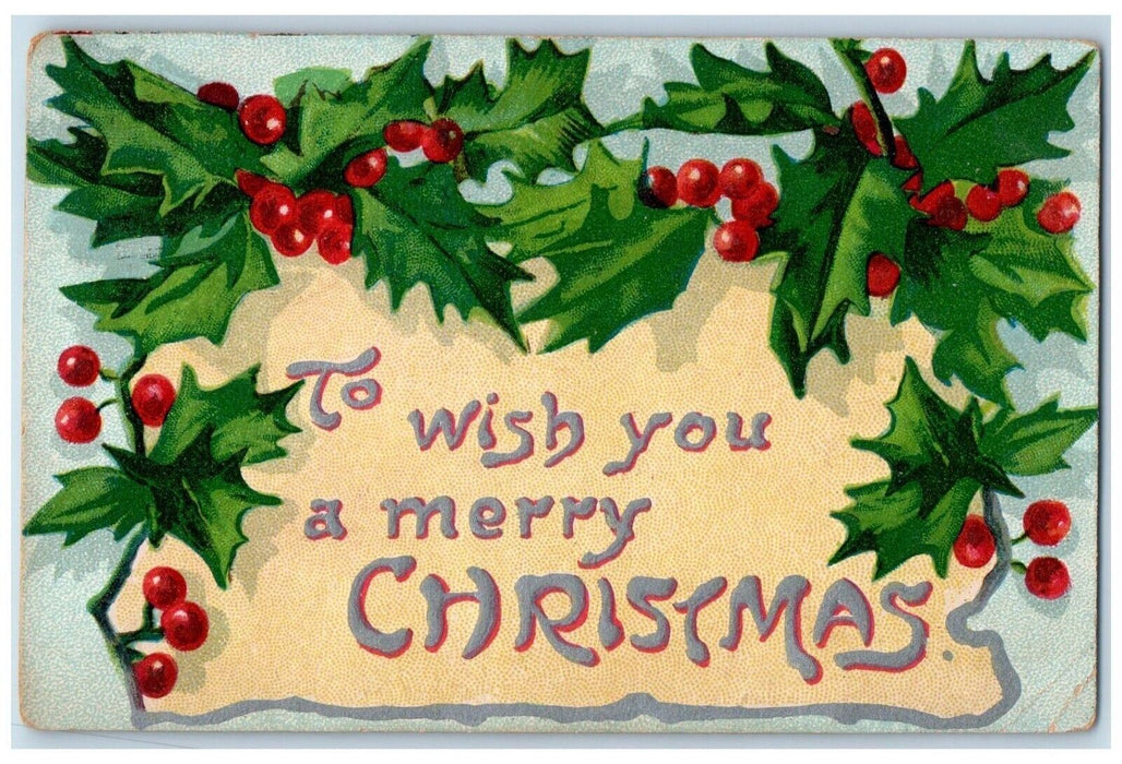 c1910's Christmas Holly Berries Embossed Harvard Nebraska NE Antique Postcard