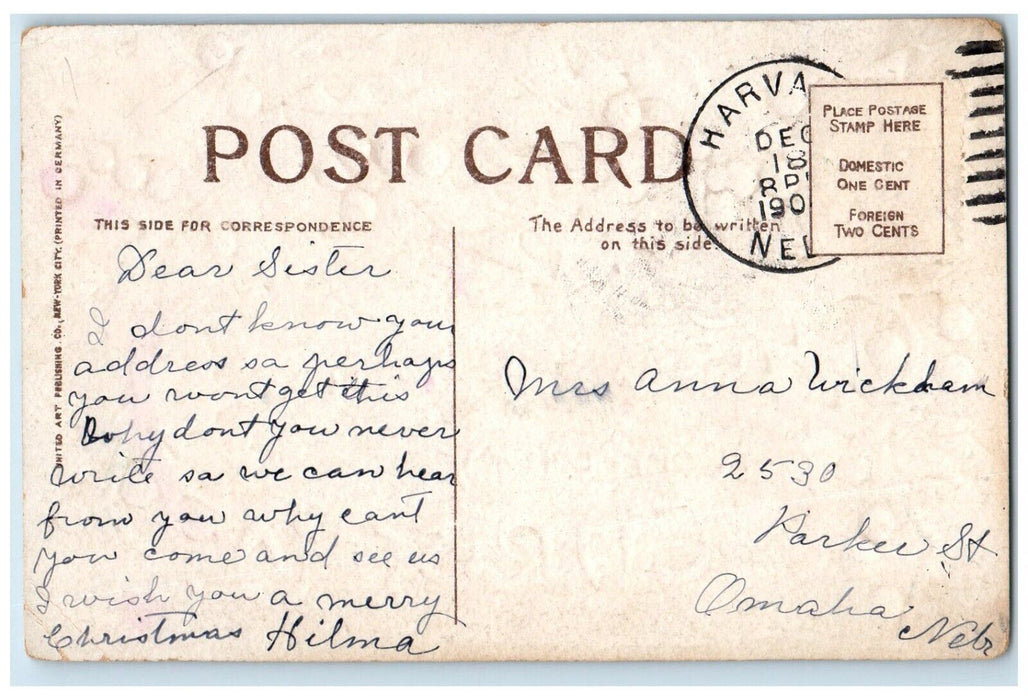 c1910's Christmas Holly Berries Embossed Harvard Nebraska NE Antique Postcard