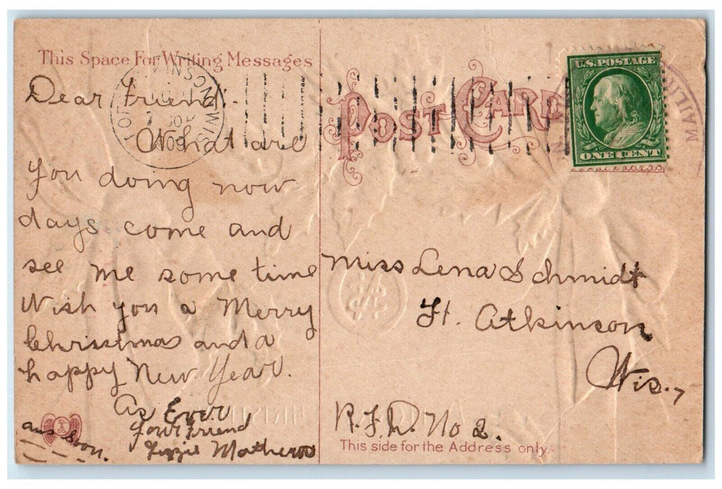 1909 Merry Christmas Holly Berries Ribbon Embossed Fort Atkinson WI Postcard