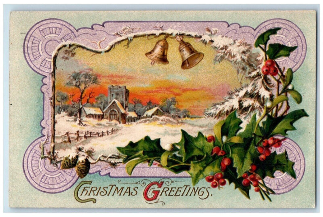 1912 Christmas Greetings Holly Berries Ringing Bells Pine Cone Winter Postcard