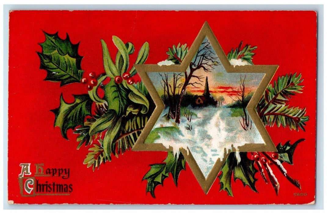 1910 Christmas Star Holly Berries Winter New Windsor Illinois IL Posted Postcard