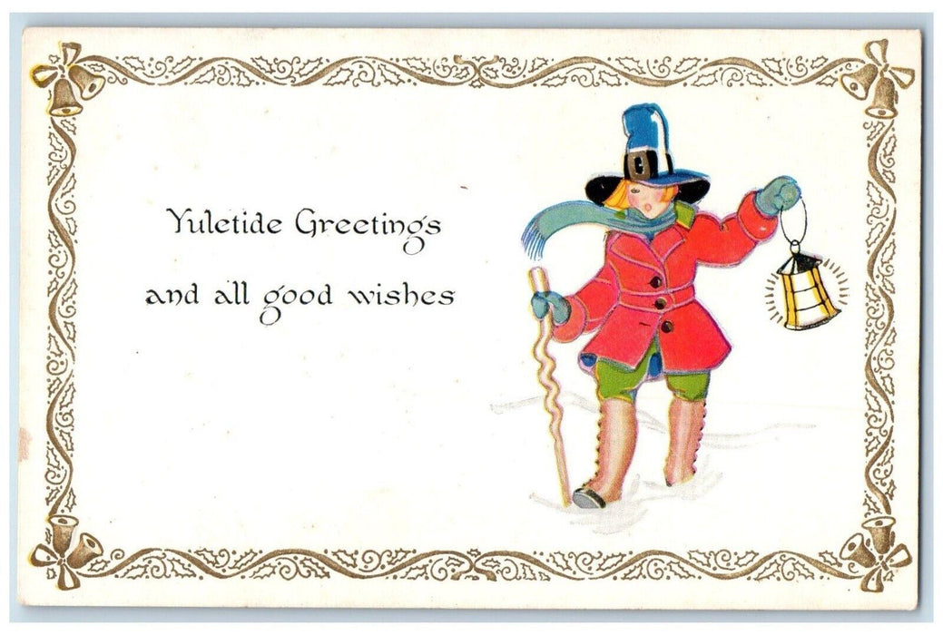 c1910's Yuletide Greetings Woman Big Hat Lantern Embossed Antique Postcard