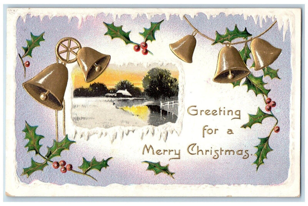 Christmas Greetings Ringing Bells Berries Embossed Valparaiso IN Posted Postcard