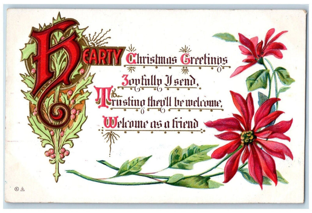 c1910's Christmas Greetings Poinsettia Flowers Holly Berries Embossed Postcard