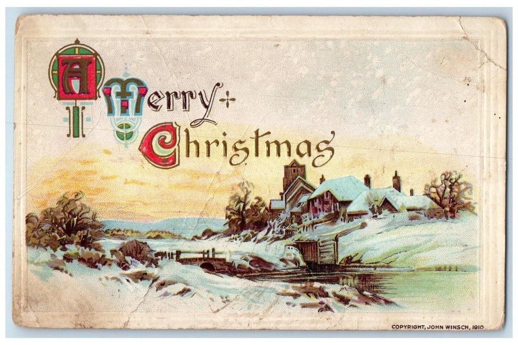 c1910's Merry Christmas Houses Winter John Winsch Artist Signed Antique Postcard
