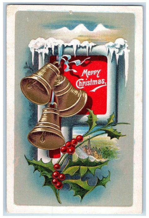 1912 Merry Christmas Ringing Bells Holly Berries Embossed Antique Postcard