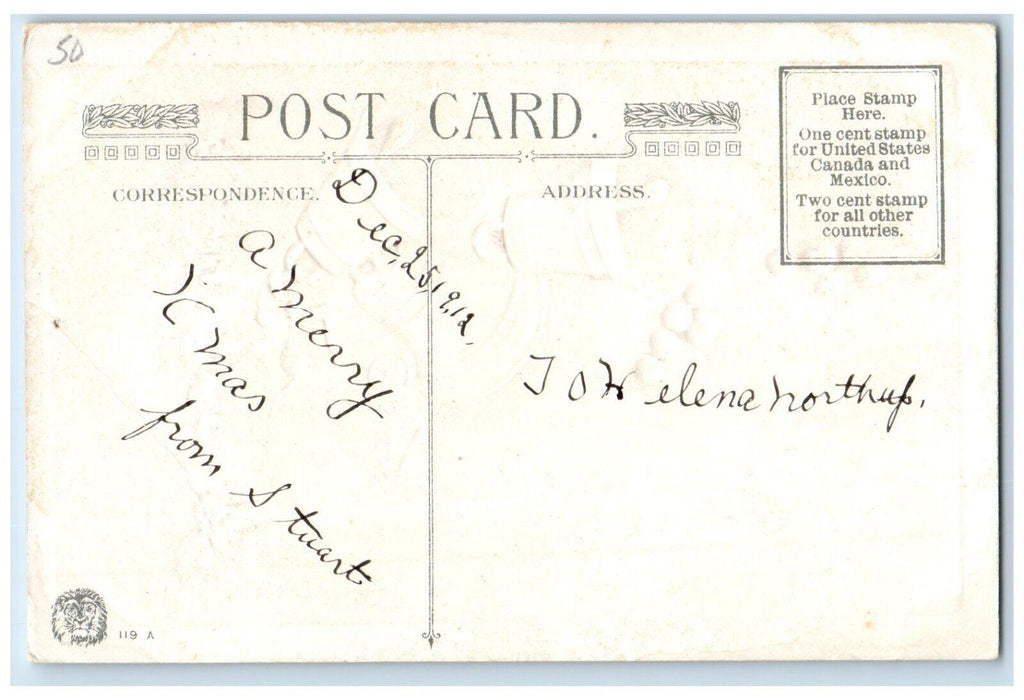 1912 Merry Christmas Ringing Bells Holly Berries Embossed Antique Postcard