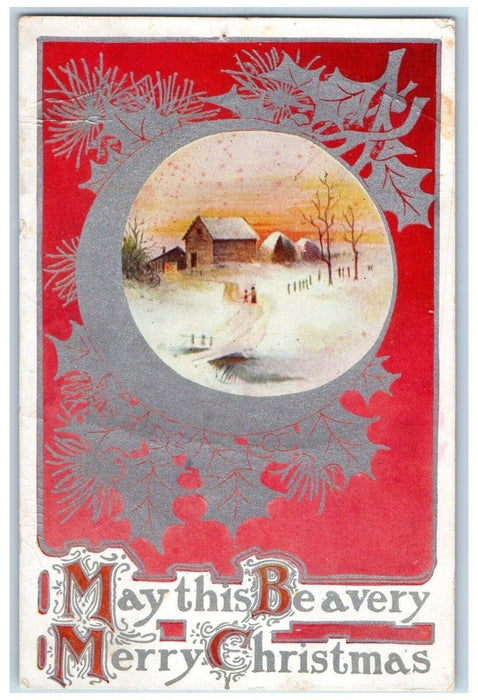 c1910's Merry Christmas House Winter Holly Berries Unposted Antique Postcard