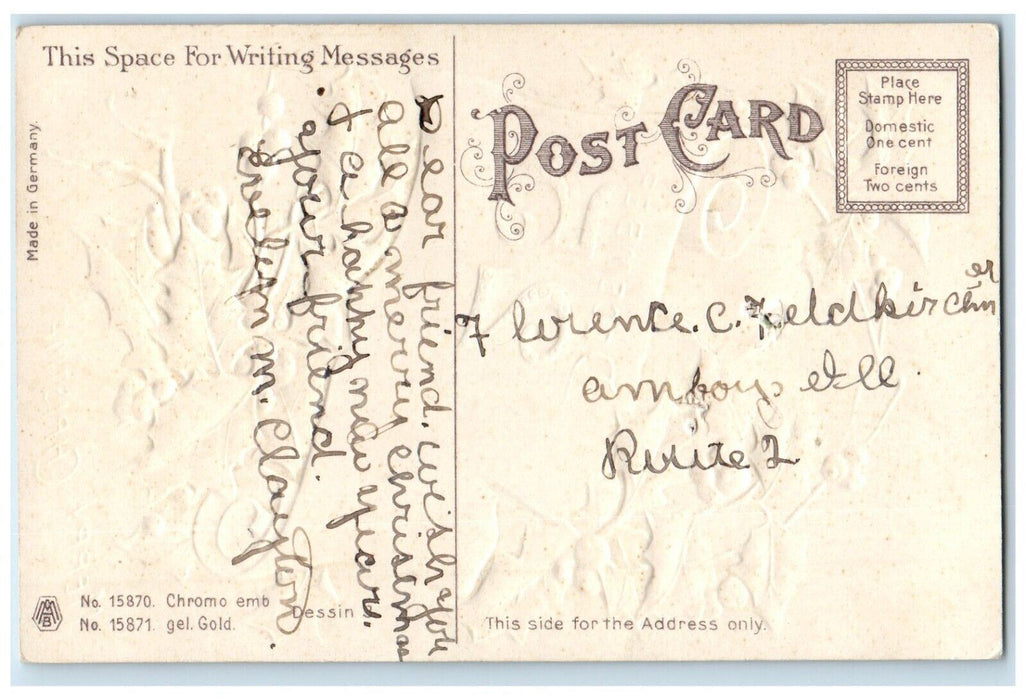 c1910's Christmas December 25 Holly Berries Embossed Posted Antique Postcard