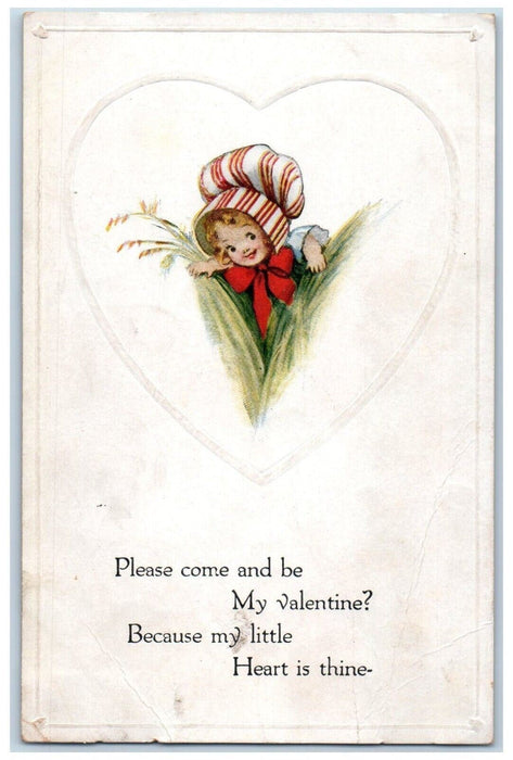 c1910's Valentine Big Heart Little Girl Big Hat Hiding Embossed Antique Postcard