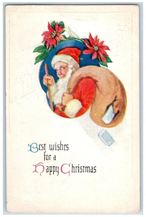 c1910's Christmas Santa Claus Sack Of Toys Poinsettia Flowers Embossed Postcard