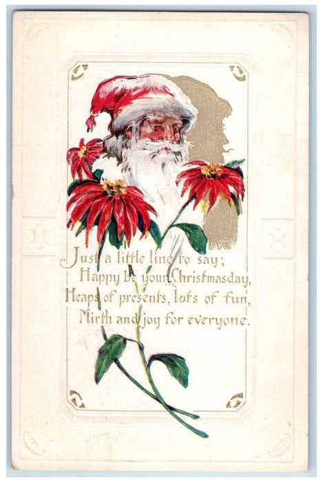 1923 Christmas Santa Claus Poinsettia Flowers Embossed Lynn Center IL Postcard