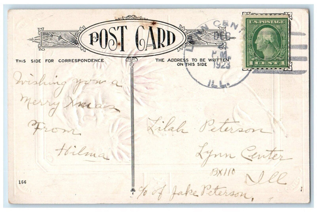 1923 Christmas Santa Claus Poinsettia Flowers Embossed Lynn Center IL Postcard