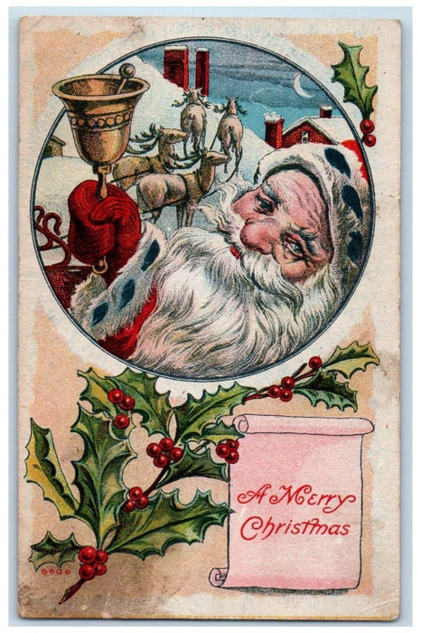 c1910's Merry Christmas Santa Claus Ringing Bell Deer Holly Berries Postcard