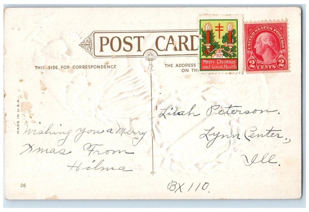 c1910's Christmas Santa Claus Hammer Whreath Berries Embossed Antique Postcard