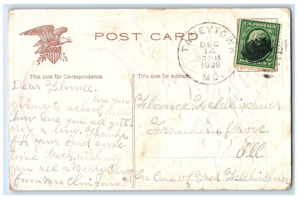 1909 Merry Christmas Girl Holly Berries Embossed Taneytown Maryland MD Postcard