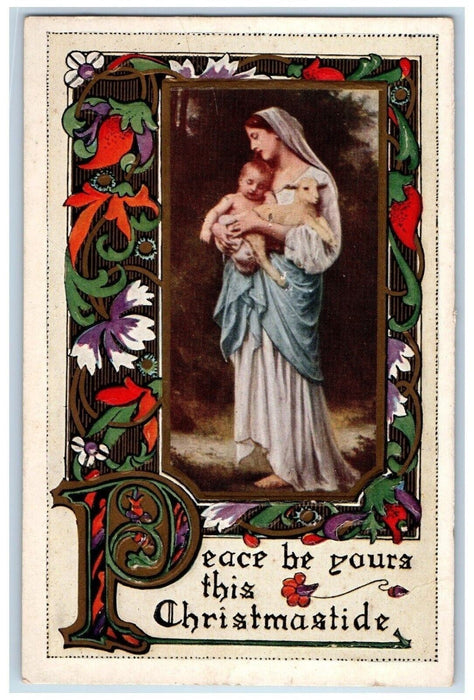 c1910's Christmas Religious Lamb Flowers Embosses Posted Antique Postcard