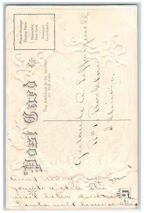 c1910's Merry Christmas Boy In Winter House Embossed Nash Antique Postcard