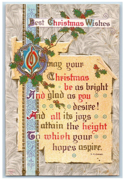 c1910's Christmas Wishes Holly Berries Embossed Dixon Illinois IL Postcard