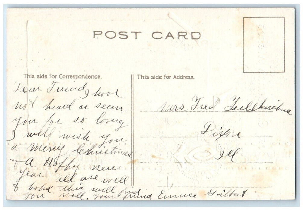 c1910's Christmas Wishes Holly Berries Embossed Dixon Illinois IL Postcard