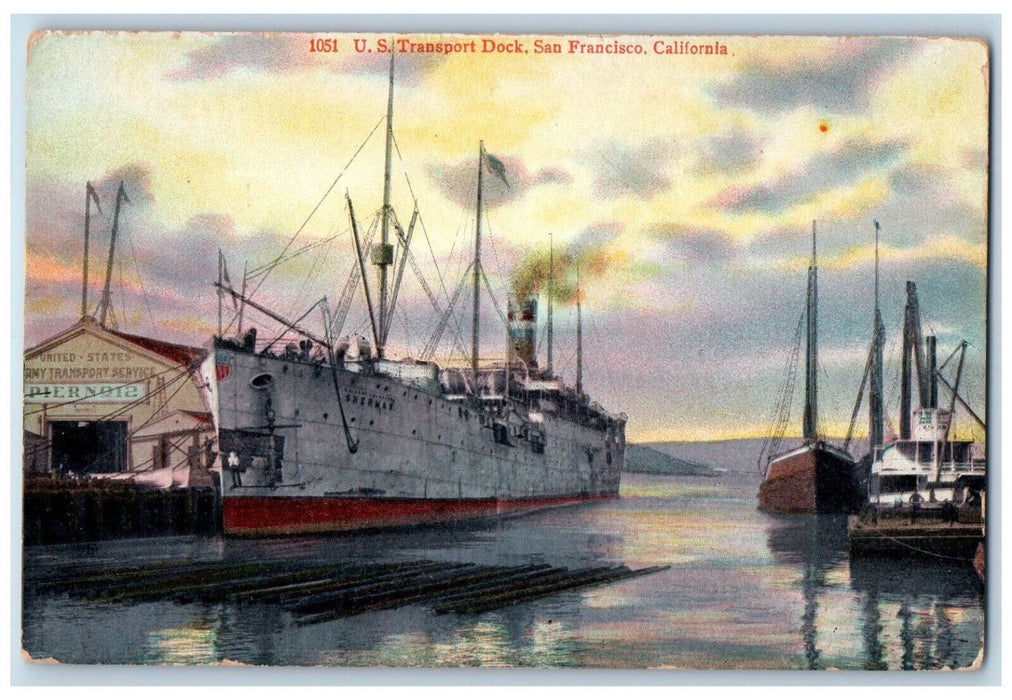 U.S Transport Dock Ship Yacht Boat Scene San Francisco California CA Postcard