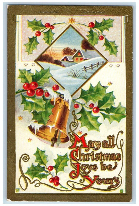c1910's Christmas Joys Ringing Bell Holly Berries Embossed Antique Postcard