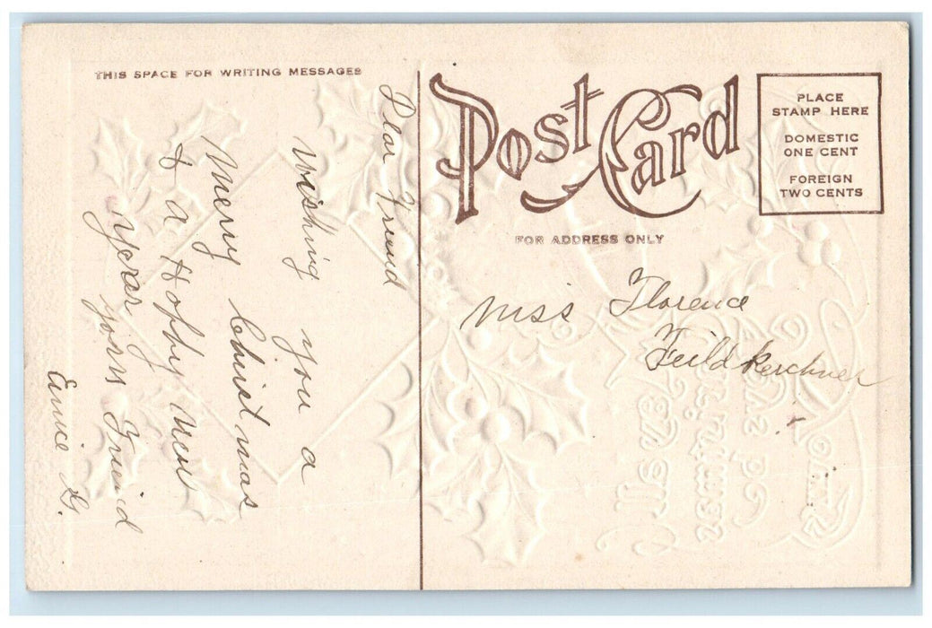 c1910's Christmas Joys Ringing Bell Holly Berries Embossed Antique Postcard