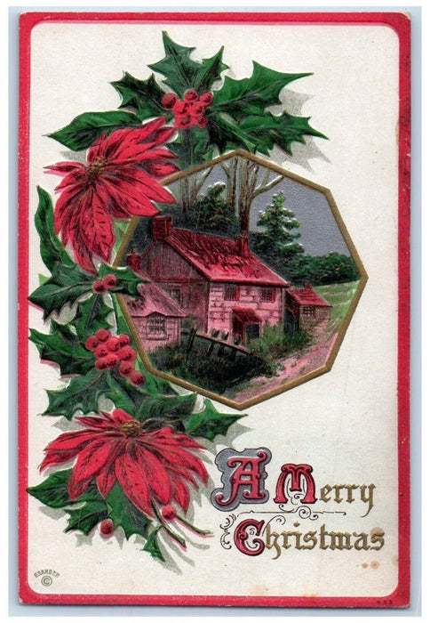 c1910's Merry Christmas Poinsettia Flowers House Embossed Antique Postcard