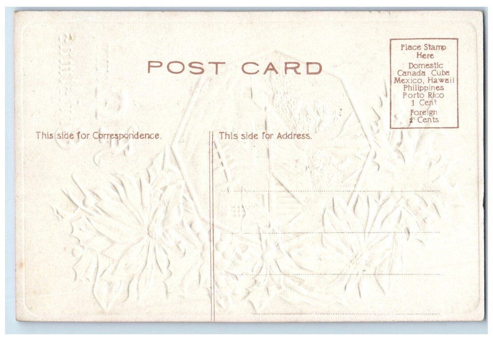 c1910's Merry Christmas Poinsettia Flowers House Embossed Antique Postcard